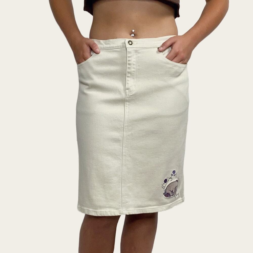 Vintage Y2K Beige Disney Store Embroidered Eeyore Denim Pencil Skirt Sz M